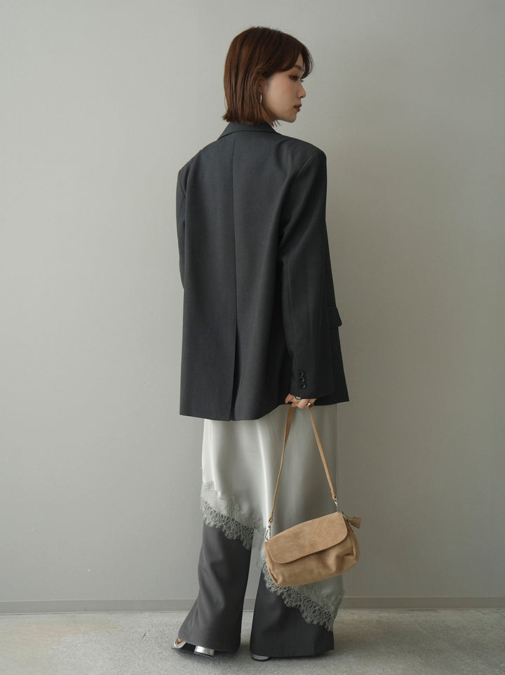 [SET]ダブルブレストオーバージャケット+サテンライクアシメレーススカート+センターシームフレアパンツ(3set)