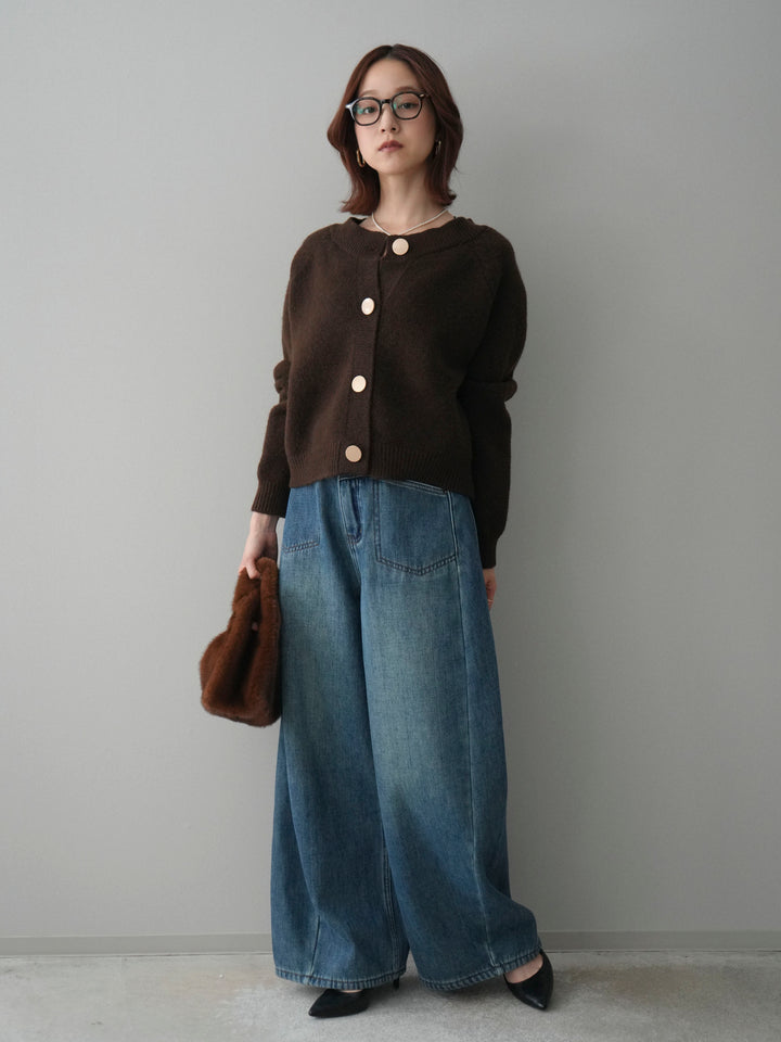 [SET]BIGボタンニットカーディガン+ベルト付裏起毛カーブデニムパンツ(2set)