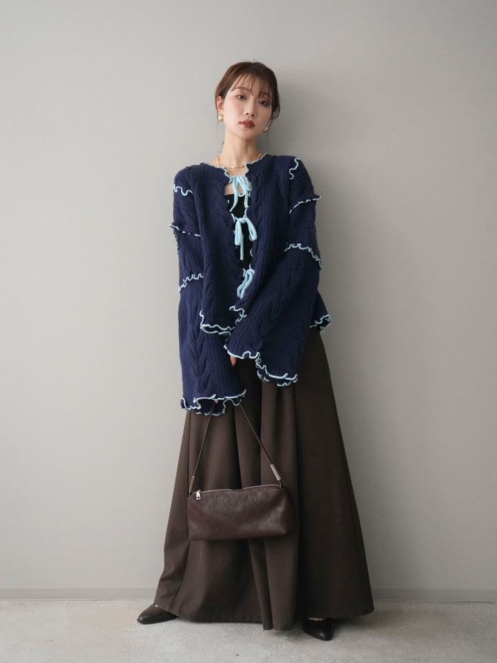 [SET]フロントリボン配色メローニットカーディガン+テープベルトタックバギーパンツ(2set)