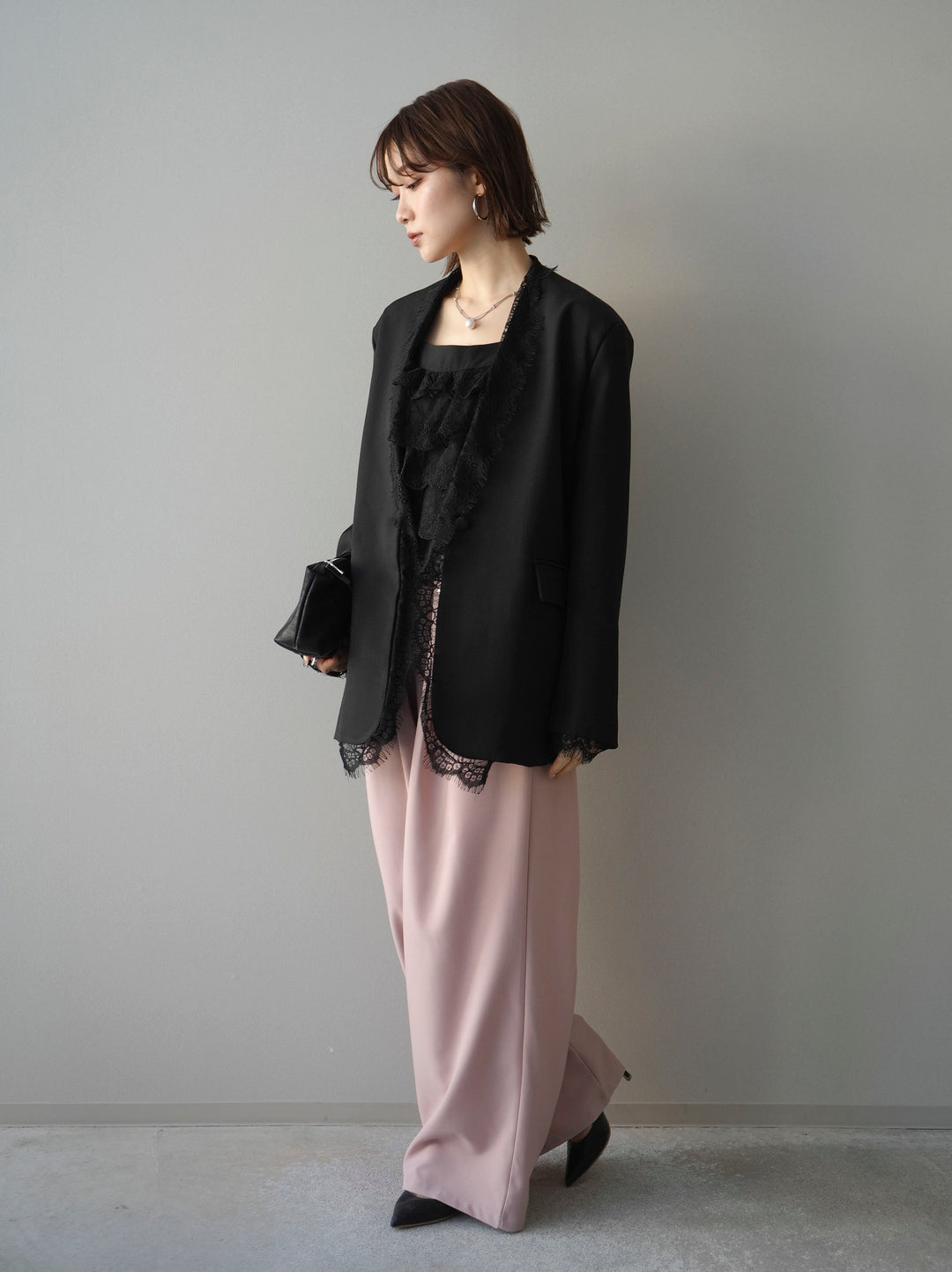 [SET]ノーカラーレースジャケット+ベルト付キーホルダーモチーフワイドパンツ(2set)