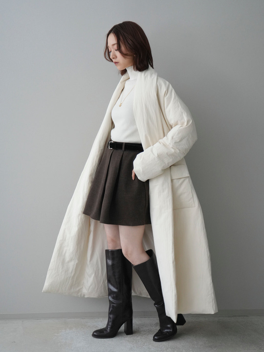 [SET]ロングダウンコート+ベルト付きタックミニスカート(2set)