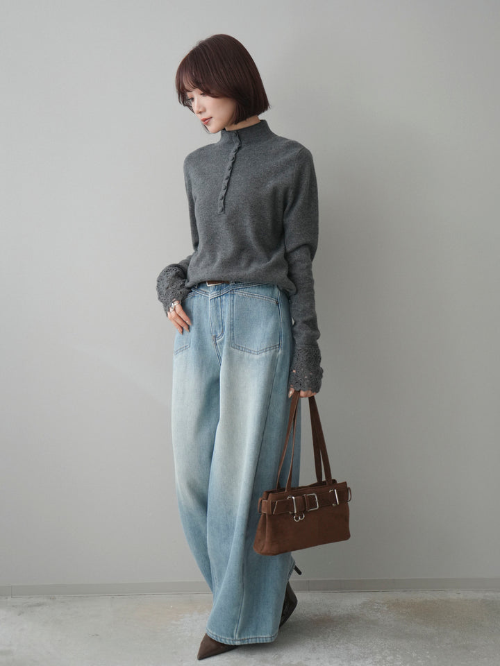 [SET]袖スカラップレースフロントボタンウールニットトップス+ベルト付裏起毛カーブデニムパンツ(2set)