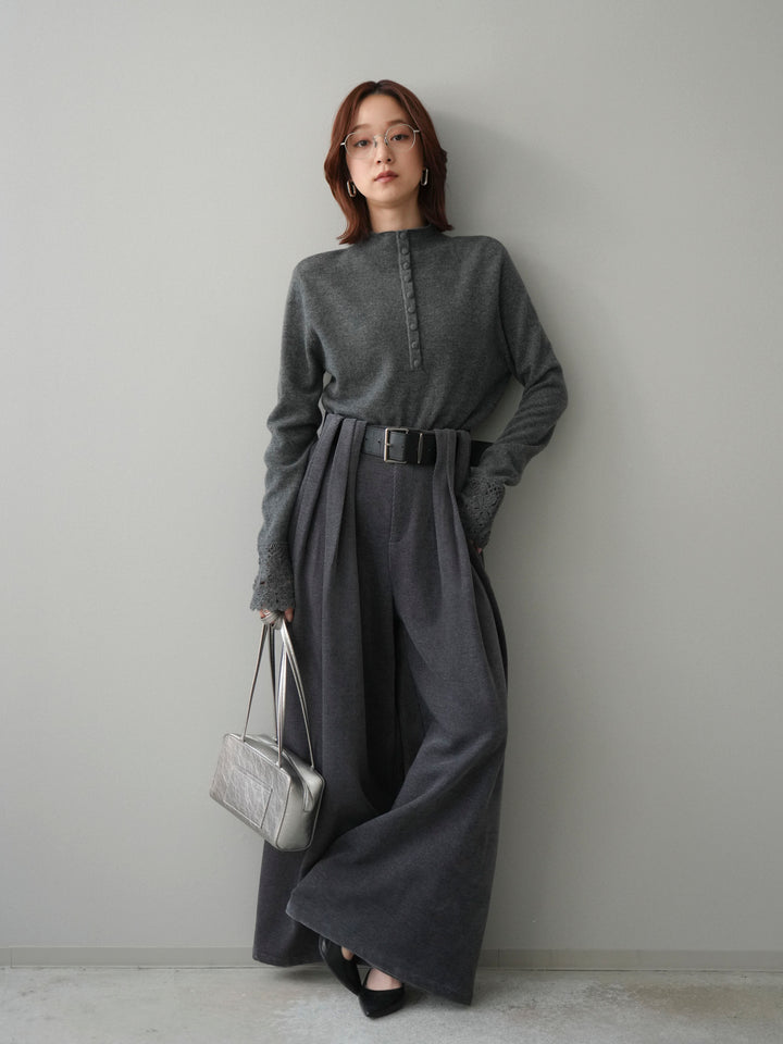 [SET]袖スカラップレースフロントボタンウールニットトップス+ベルトデザインループコールテンワイドパンツ(ベルト付き)(2set)