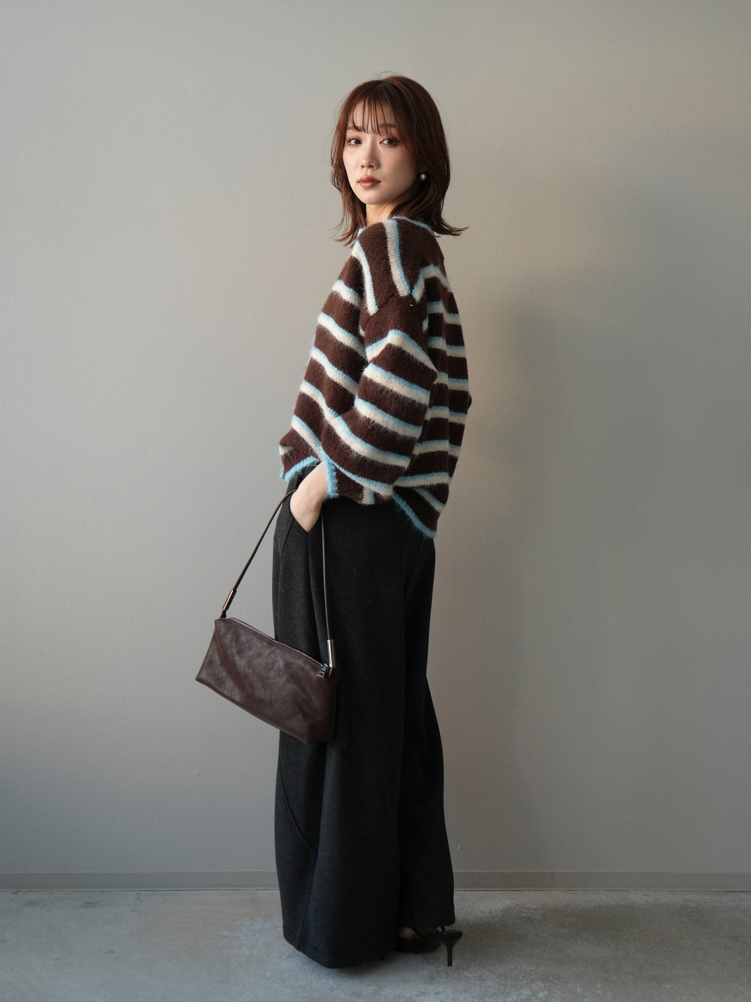 [SET]ウールタッチ配色ボーダーニットカーディガン+ウエストベルトカーブラインスエットパンツ(2set)