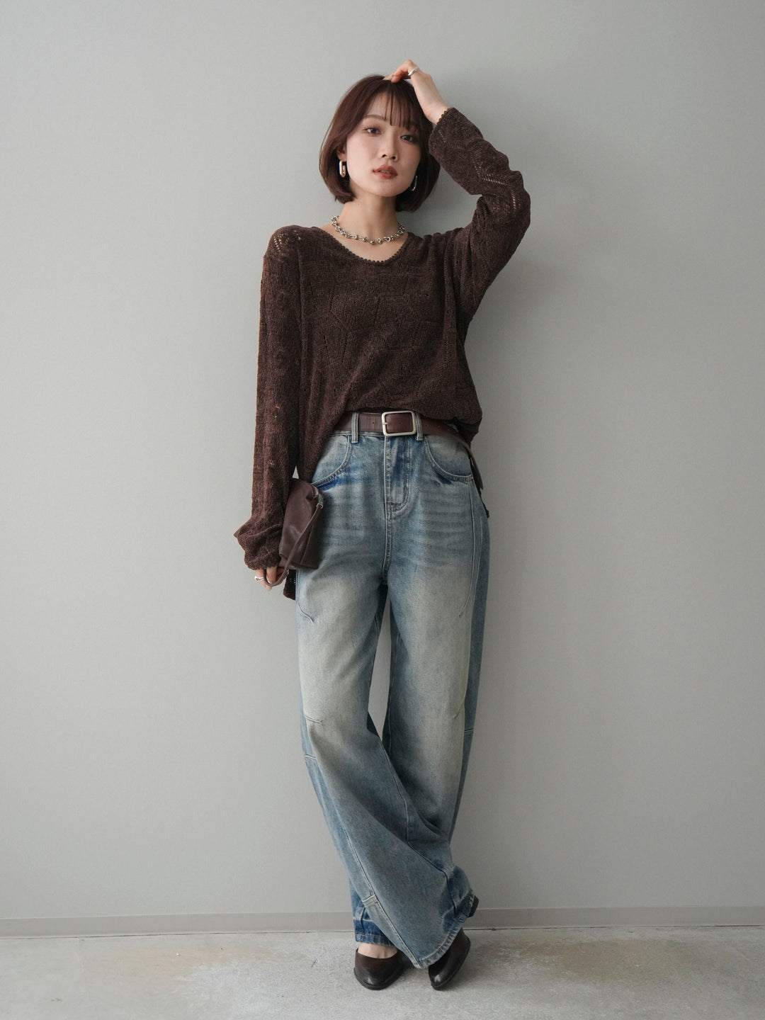 [SET]モール透かし編みニットトップス+ベルト付カーブデニムパンツ(2set)