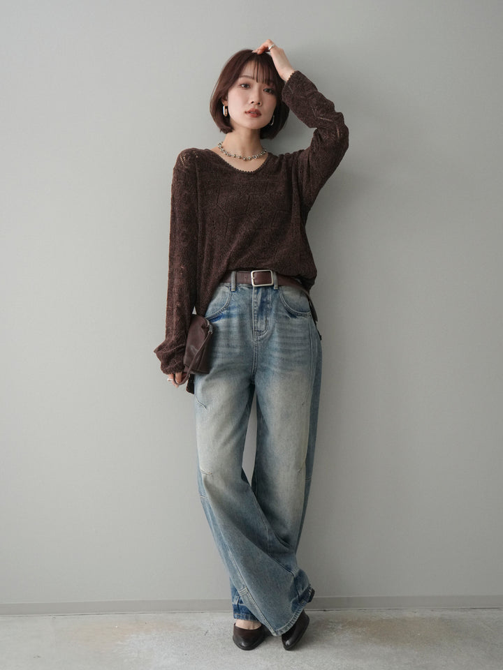 [SET]モール透かし編みニットトップス+ベルト付カーブデニムパンツ(2set)