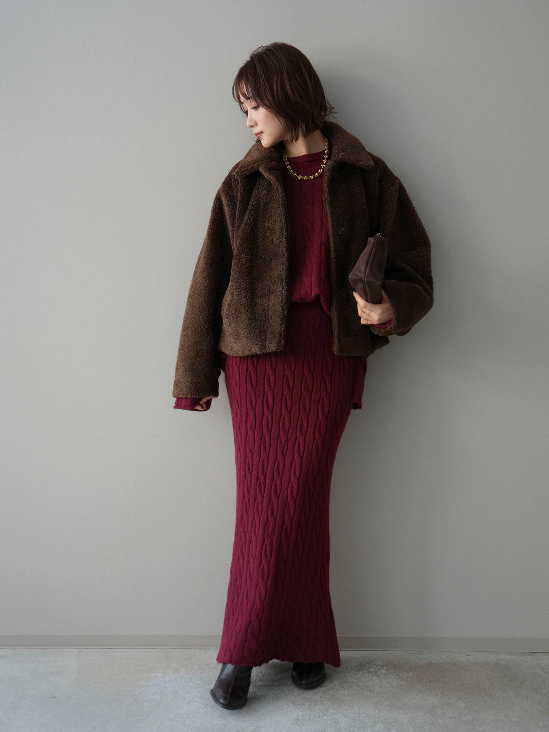 [SET]エコファーステンカラージャケット+ストール付ケーブルニットプルオーバー&ロングスカートSET UP(2set)