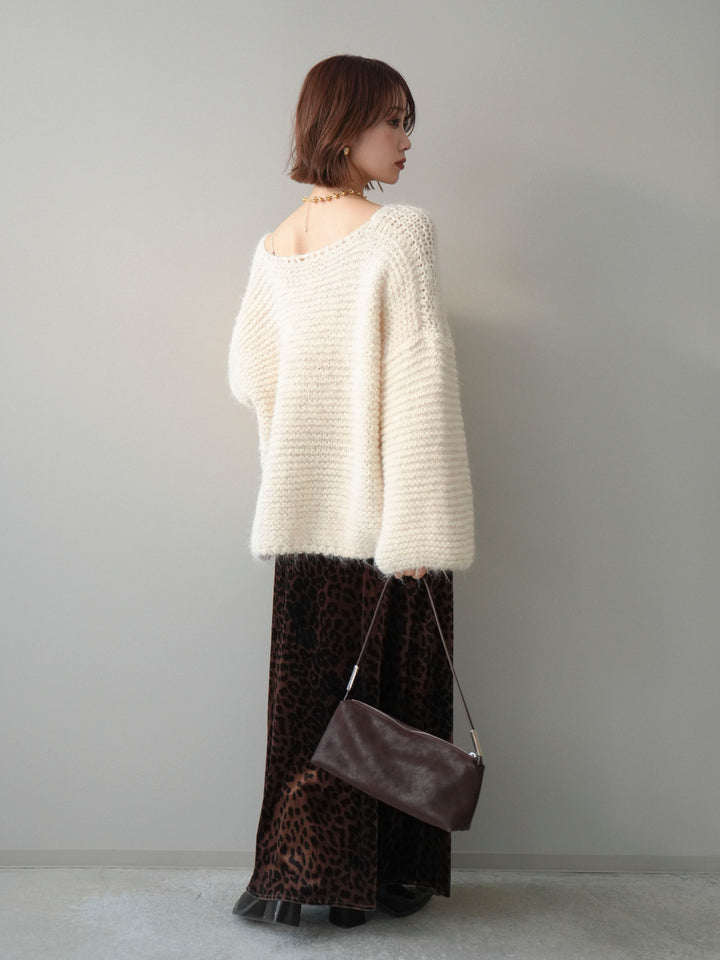 [SET]ワッフル編みシャギーニットプルオーバー+レオパードベロアナロースカート(2set)