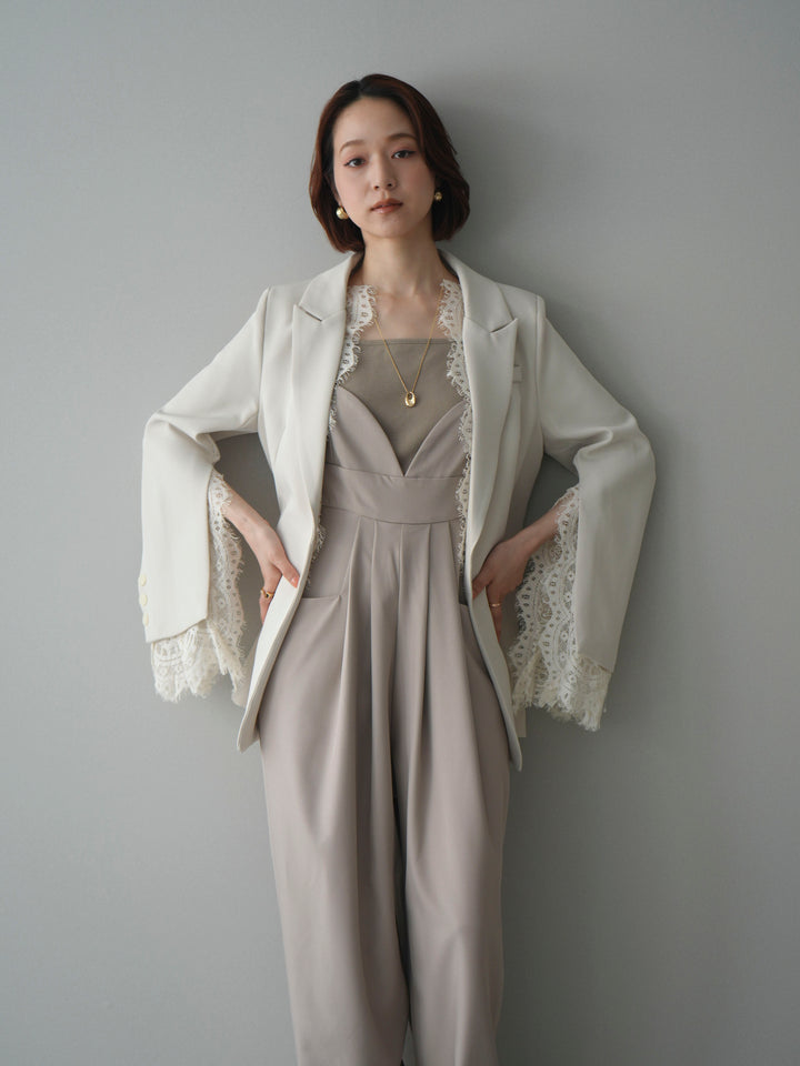 [SET]レースレイヤードスリットジャケット+バックデザインサロペット(2set)