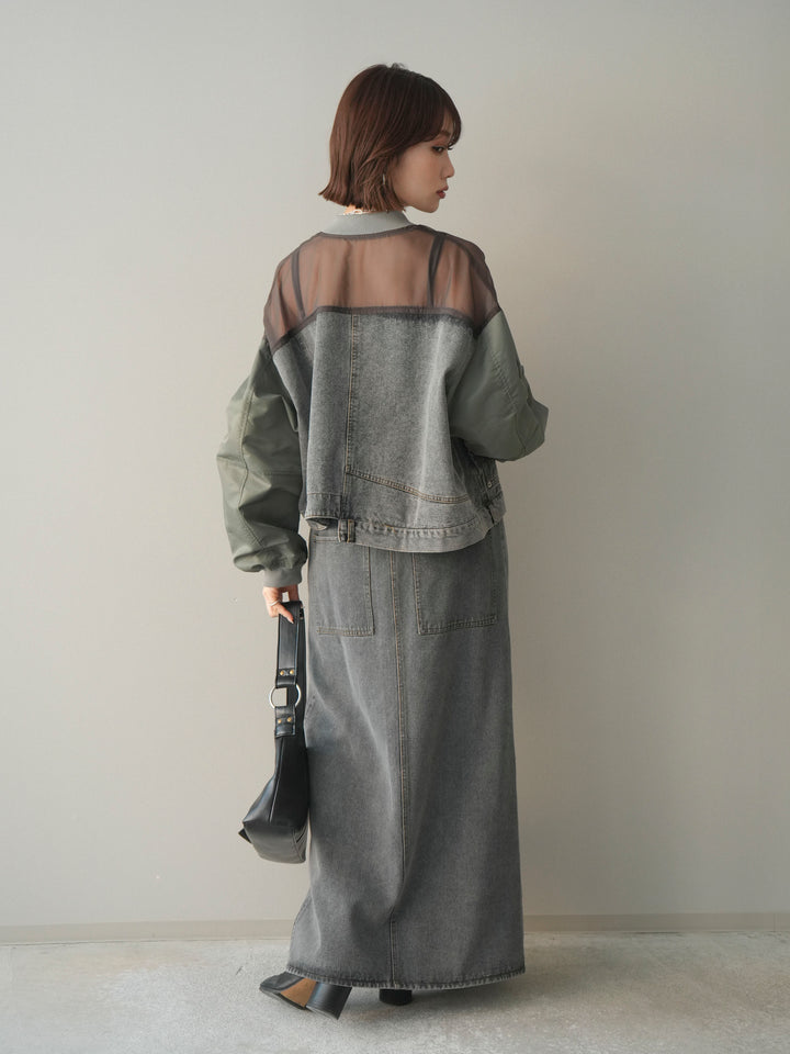 [SET]異素材デニムブルゾン+フロントジップデニムスカート(2set)