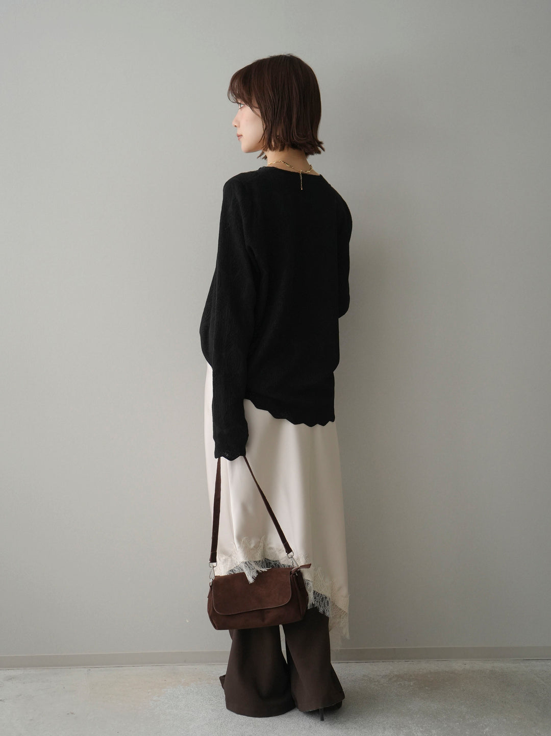 [SET]レースネックジャガードニットカーディガン+センターシームフレアパンツ+サテンライクアシメレーススカート(3set)