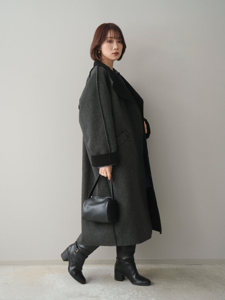 [SET]チェック襟xスエットミニワンピース+アウトシーム裏ボアコート(2set)