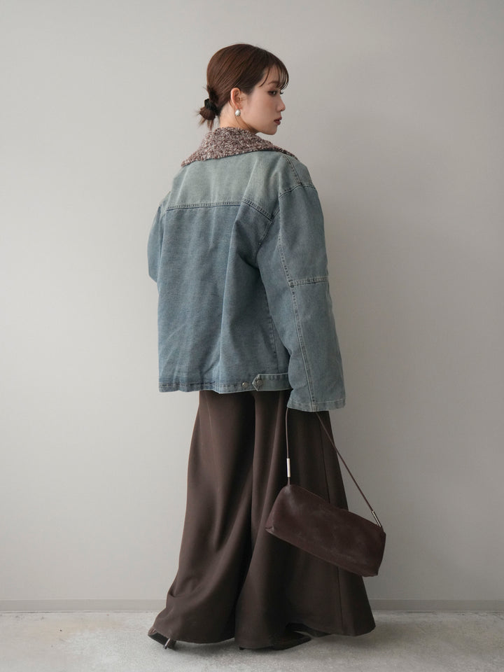 [SET]ミックスボアデニムジャケット+シルバーボタン畦編みニットカーディガン+テープベルトタックバギーパンツ(3set)