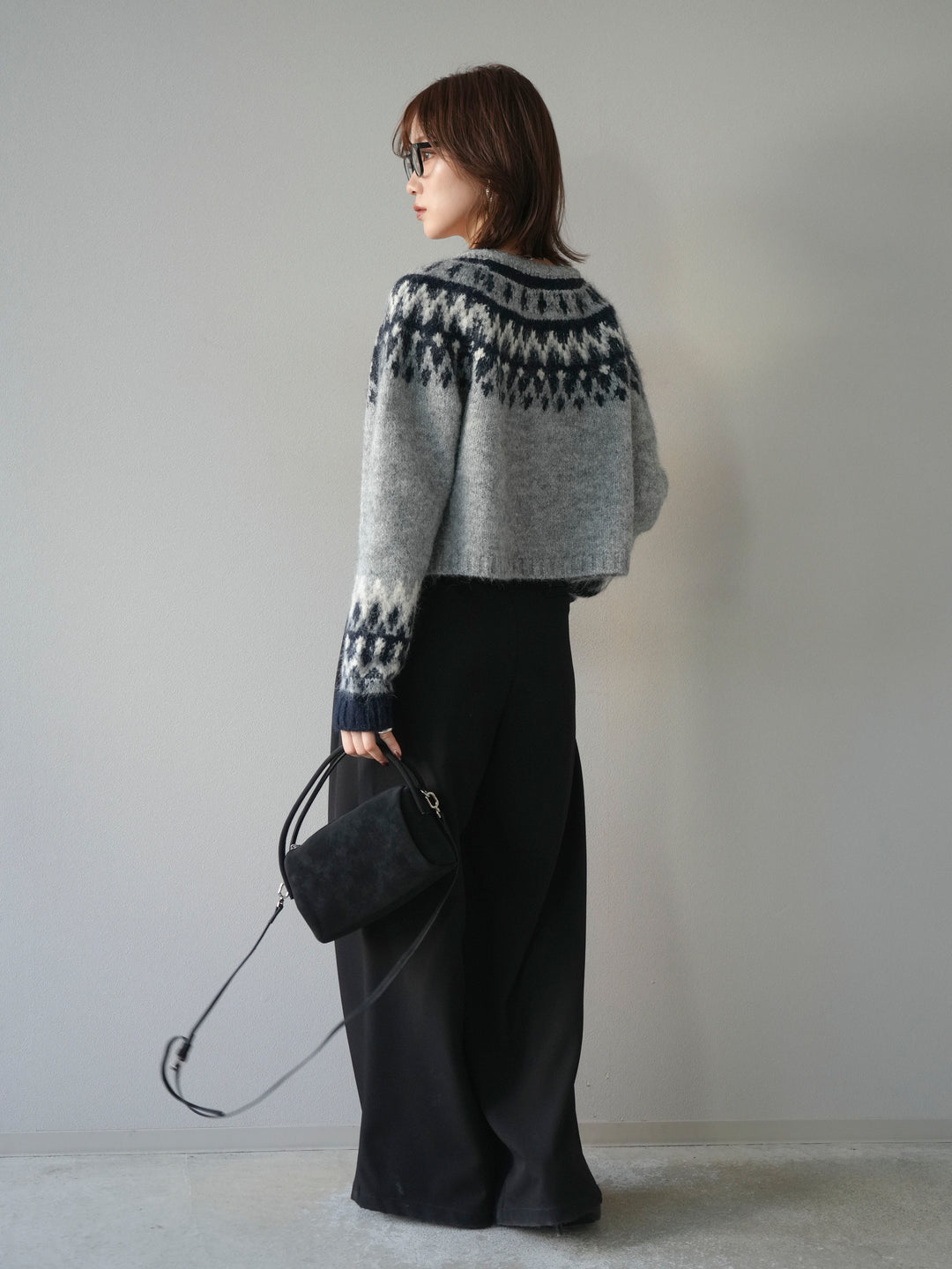 【着回しセット】[SET]求心柄クロップドニットカーディガン+ミックスヤーンペイズリー柄ニットカーディガン+ベルトループデザインワイドパンツ(3set)