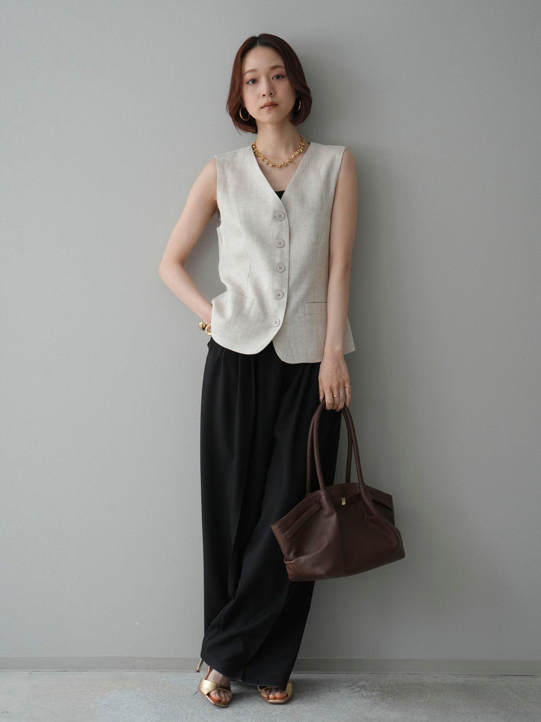 [予約]リネンタッチVネックジレ/ivory