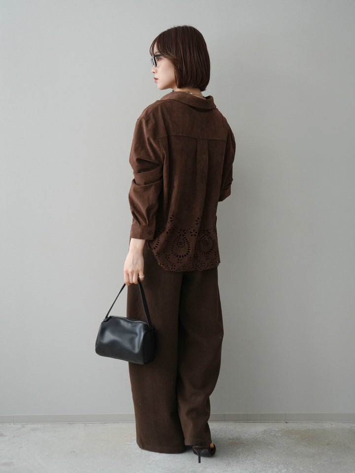 [SET]裾スカラップスエードシャツ+ベルト付起毛コクーンパンツ(2set)