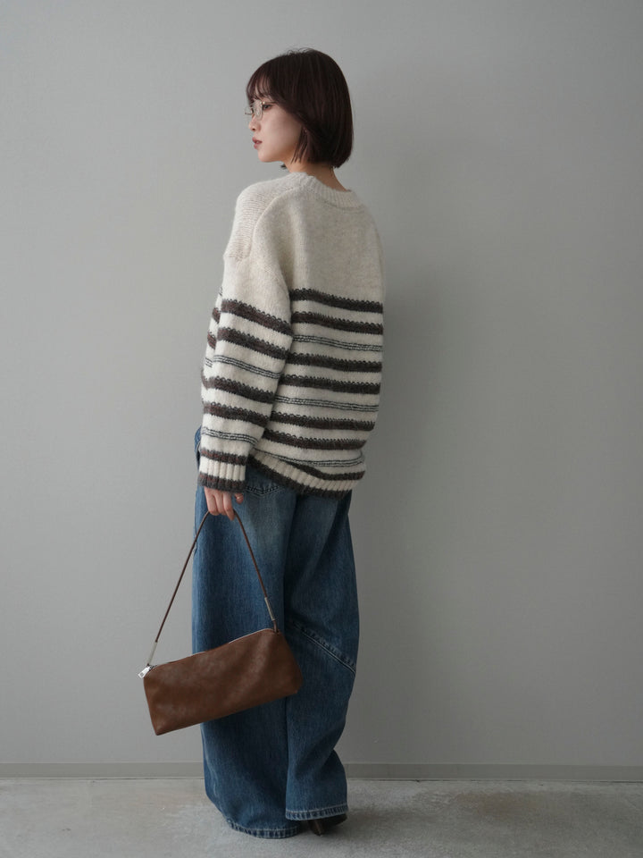 [SET]ステッチボーダーニットプルオーバー+ペインターカーブデニムパンツ(2set)