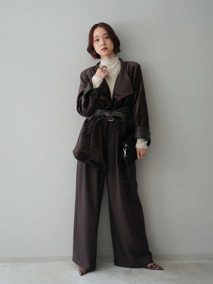 【套裝】絲絨禮服外套+小領墊肩磨毛上衣+腰帶環設計闊腿褲（三件套）