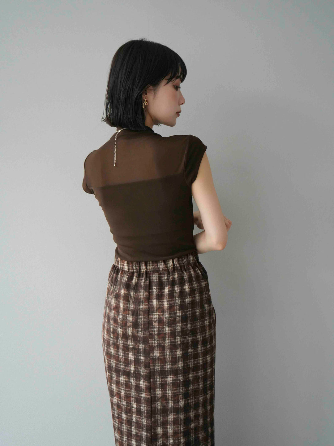 [預訂] 透明切換彈性上衣/棕色