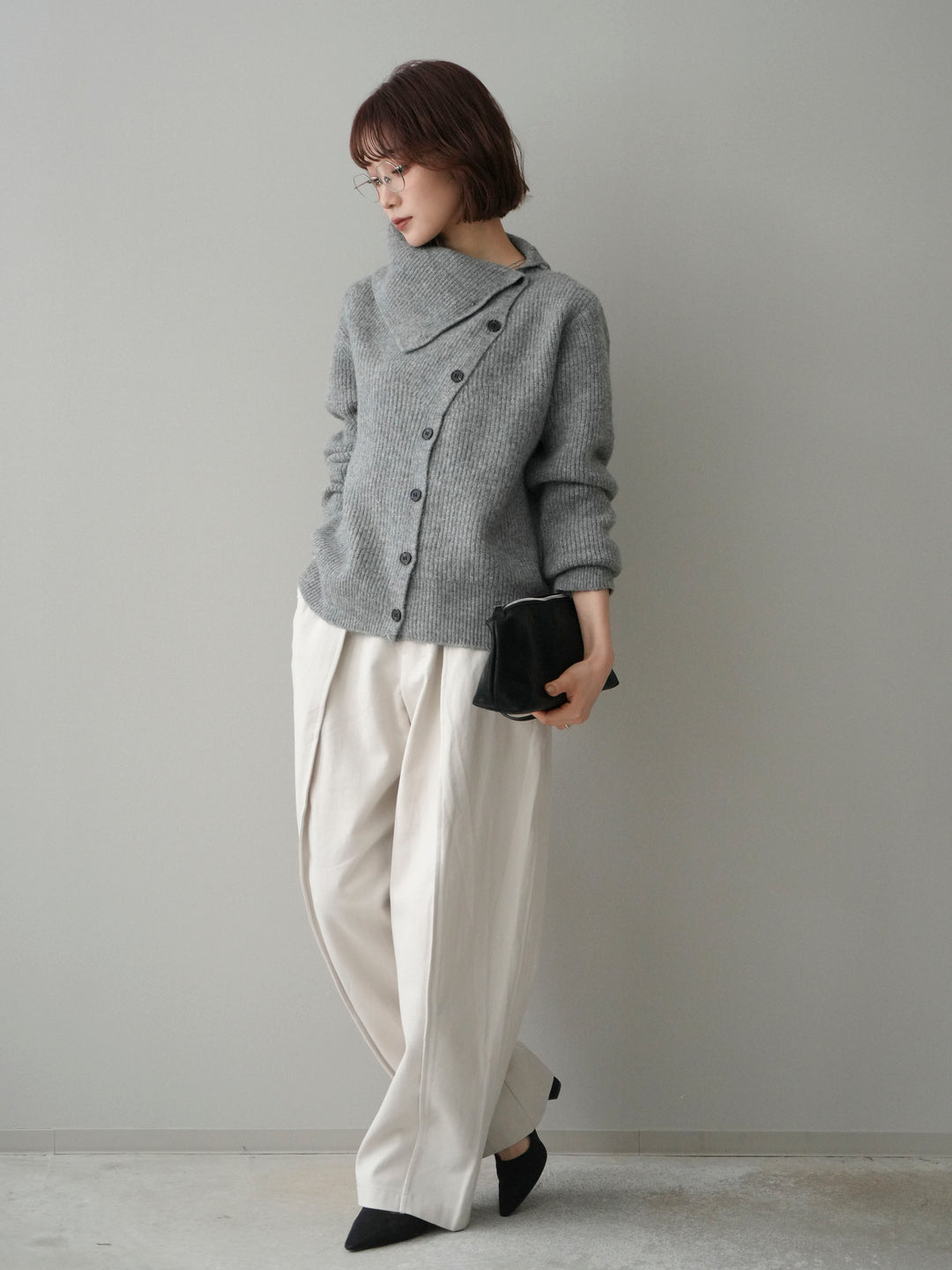 [SET]ハイネックデザインボタンニットカーディガン+コットンツイルカーブパンツ(2set)