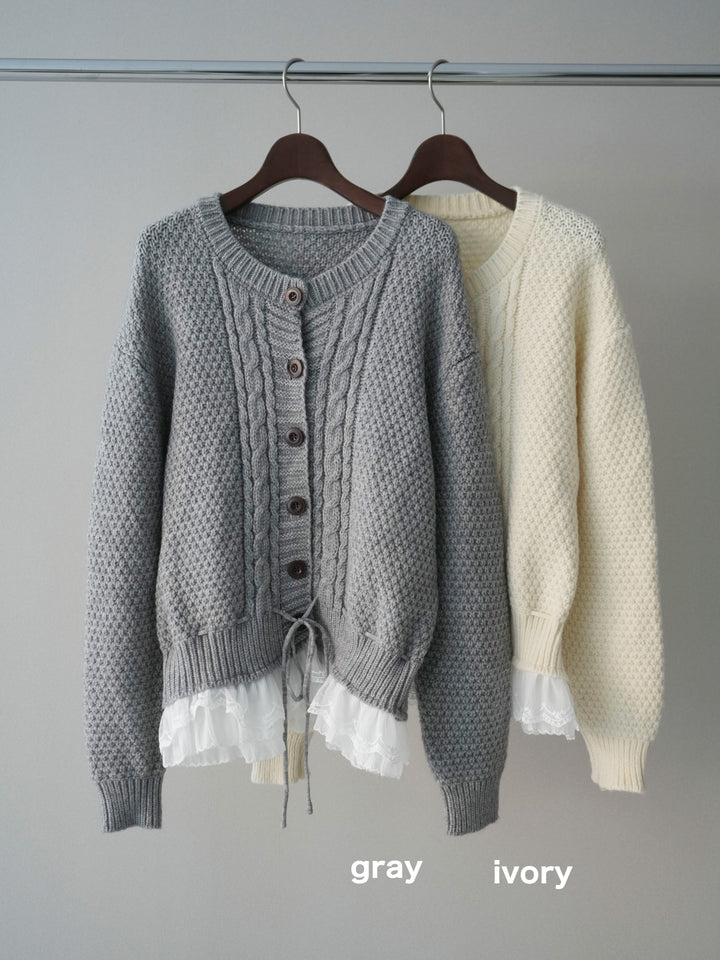 [SET]裾レースケーブルニットカーディガン+裾レースケーブルニットカーディガン(2set)