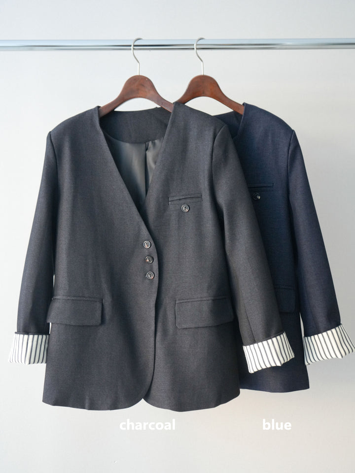 [SET]ノーカラージャケット+ガーメントウォッシュカーブデニムパンツ(2set)