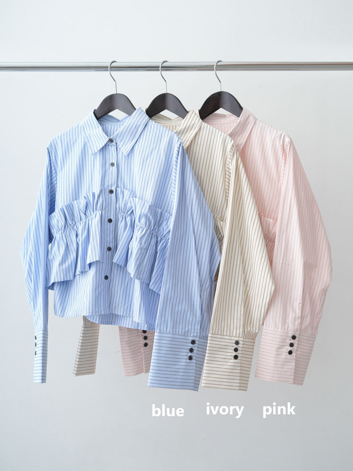 [SET]ストライプフリルシャツ+クレープデシンフラップ付きストレートスカート(2set)