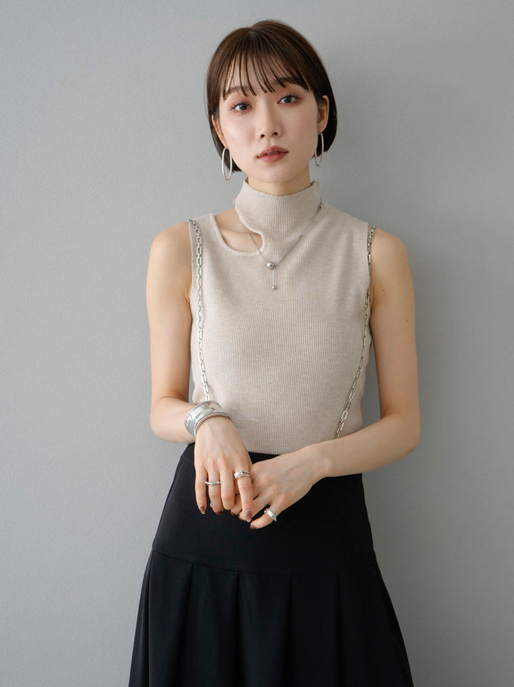 [SET] Chain suspender tuck skirt + cut-out sleeveless rib knit (2set)