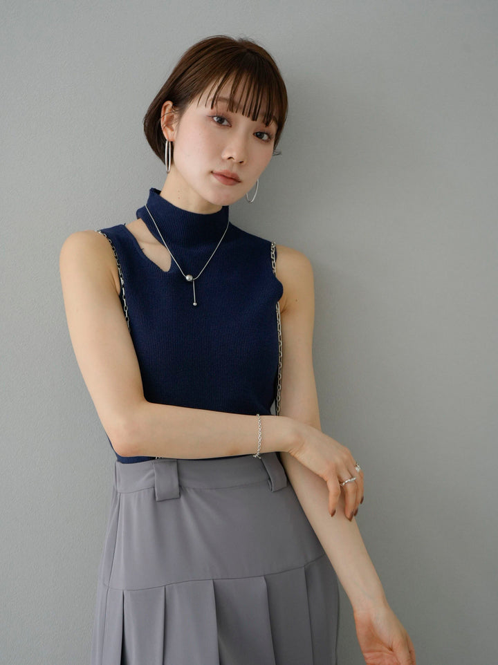 [SET] Chain suspender tuck skirt + cut-out sleeveless rib knit (2set)