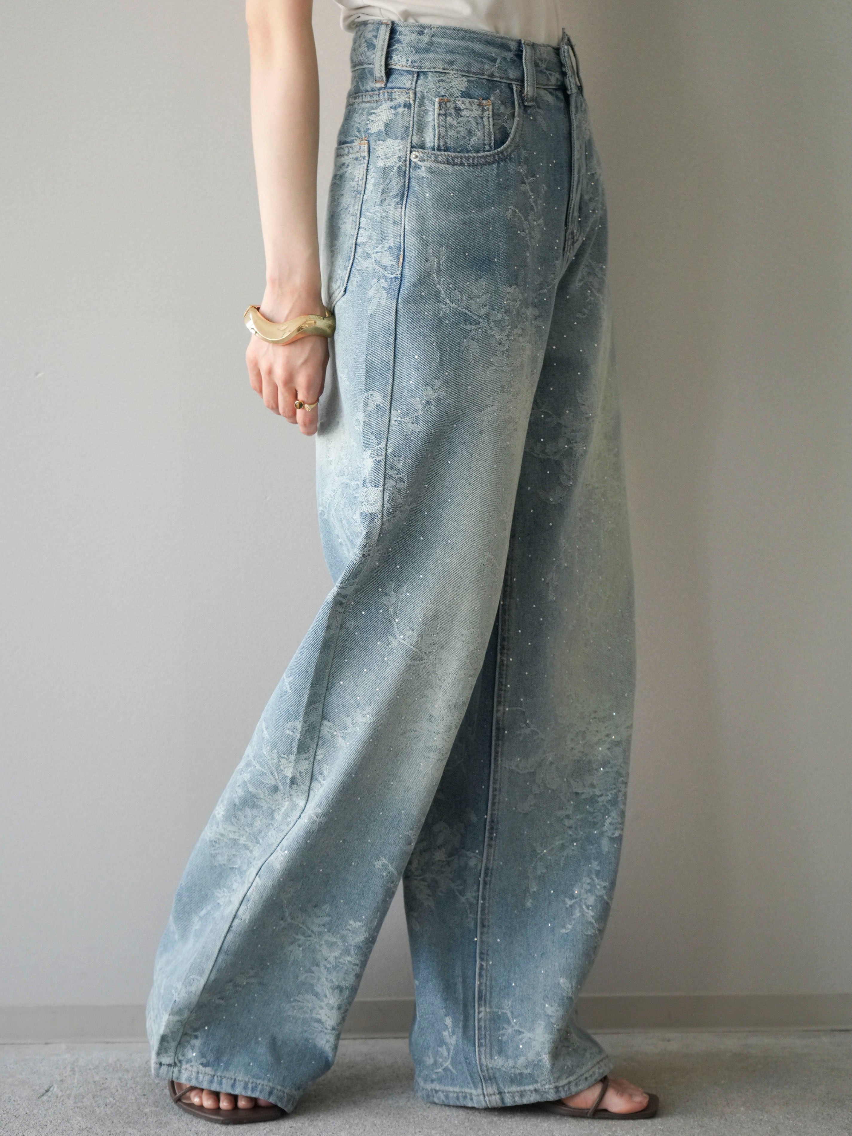 予約]フラワー刺繍ビジューワイドデニムパンツ/lightblue – Lumier