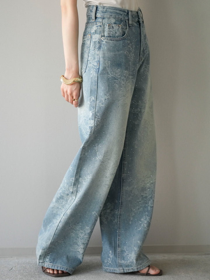 [予約]フラワー刺繍ビジューワイドデニムパンツ/lightblue