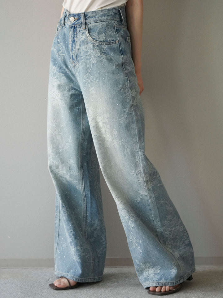 [予約]フラワー刺繍ビジューワイドデニムパンツ/lightblue