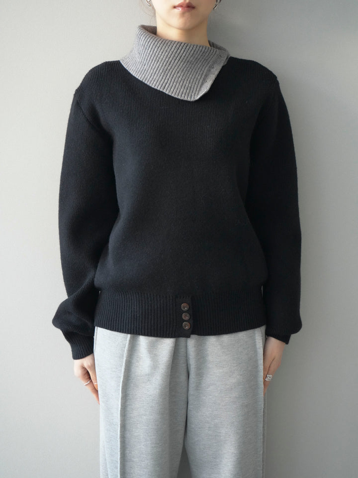 [予約]デザインネックバイカラーニットプルオーバー/black