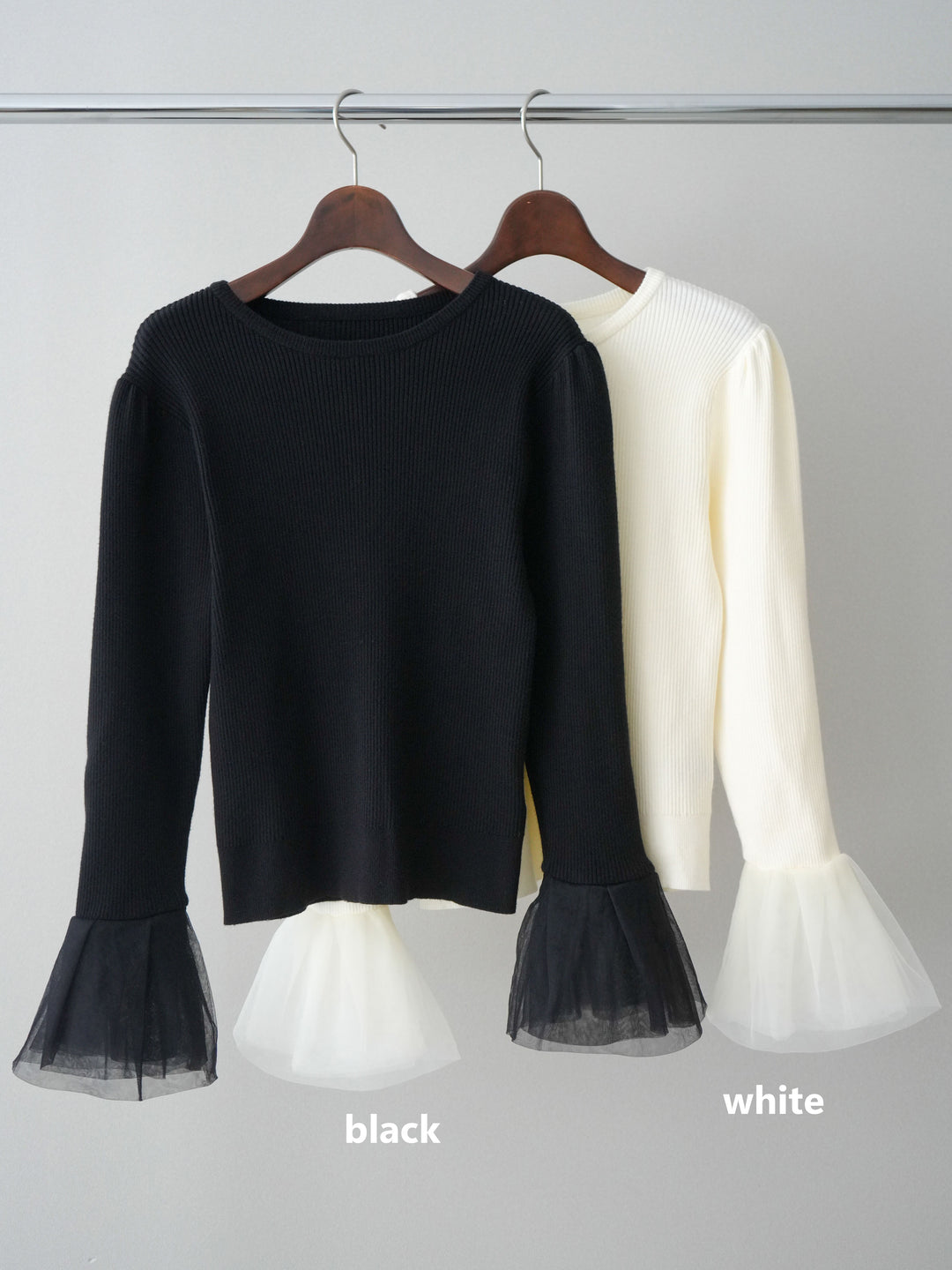 [SET]袖チュールパワショルリブニットトップス+サテンベルトタックワイドパンツ(2set)