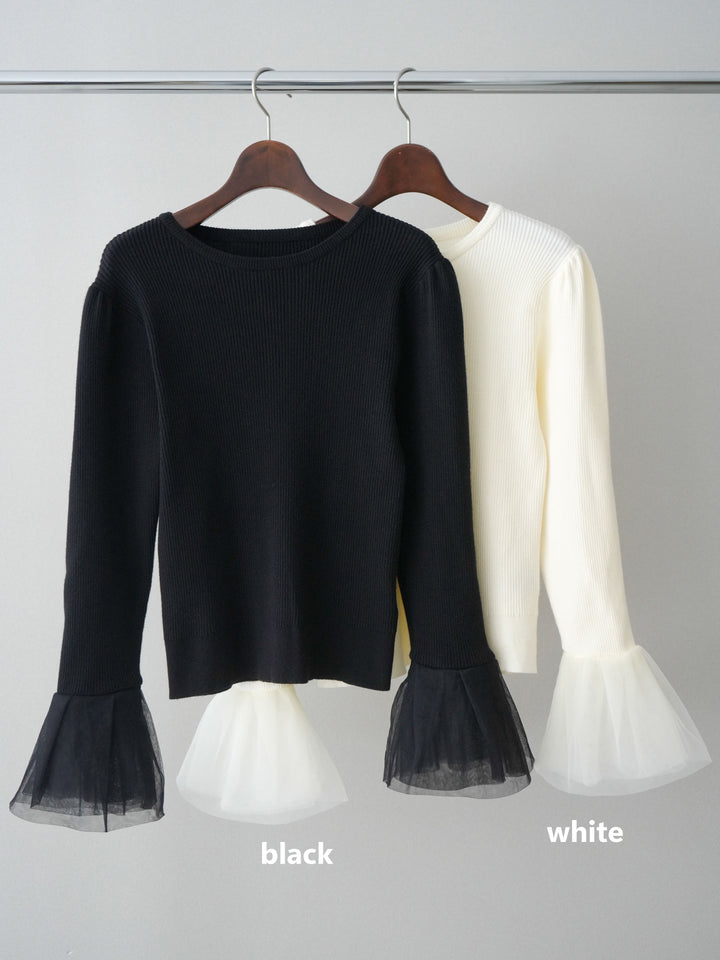 [SET]袖チュールパワショルリブニットトップス+サテンベルトタックワイドパンツ(2set)