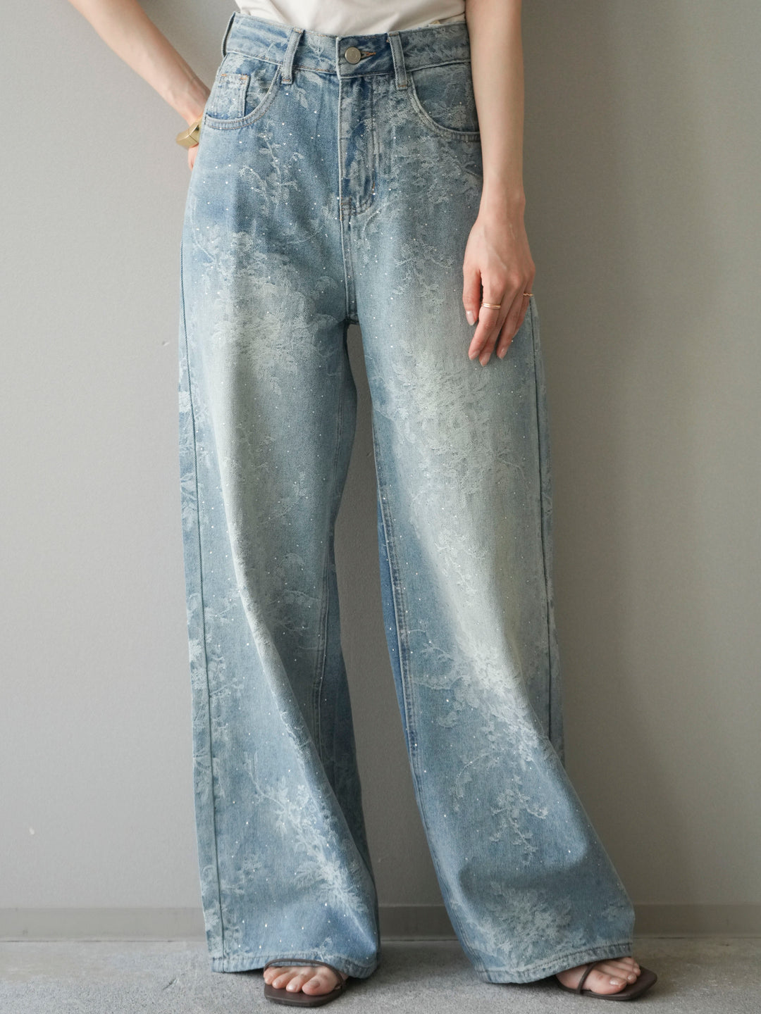 [予約]フラワー刺繍ビジューワイドデニムパンツ/lightblue