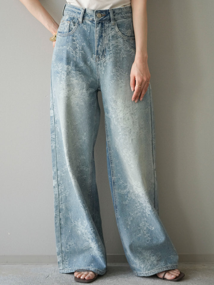 [予約]フラワー刺繍ビジューワイドデニムパンツ/lightblue
