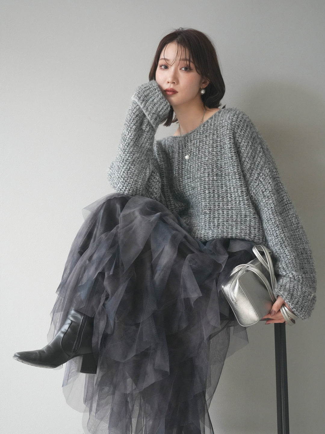 [予約]ラメミックスシャギーニットプルオーバー/darkgray