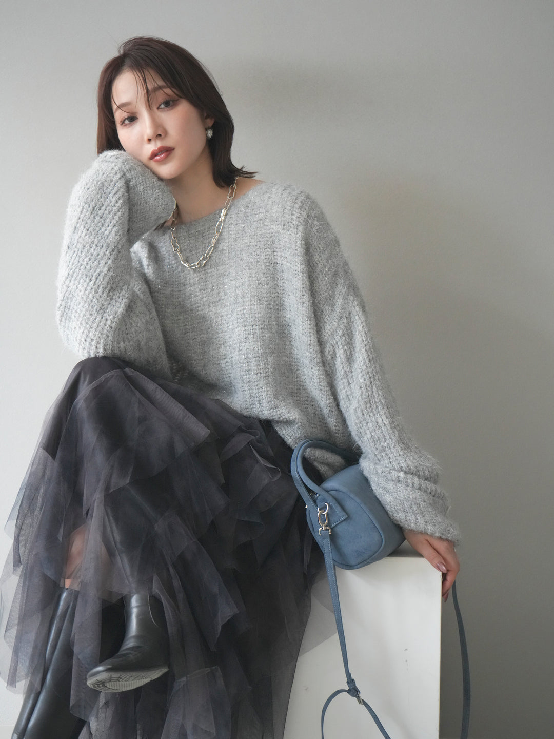 [予約]ラメミックスシャギーニットプルオーバー/lightgray