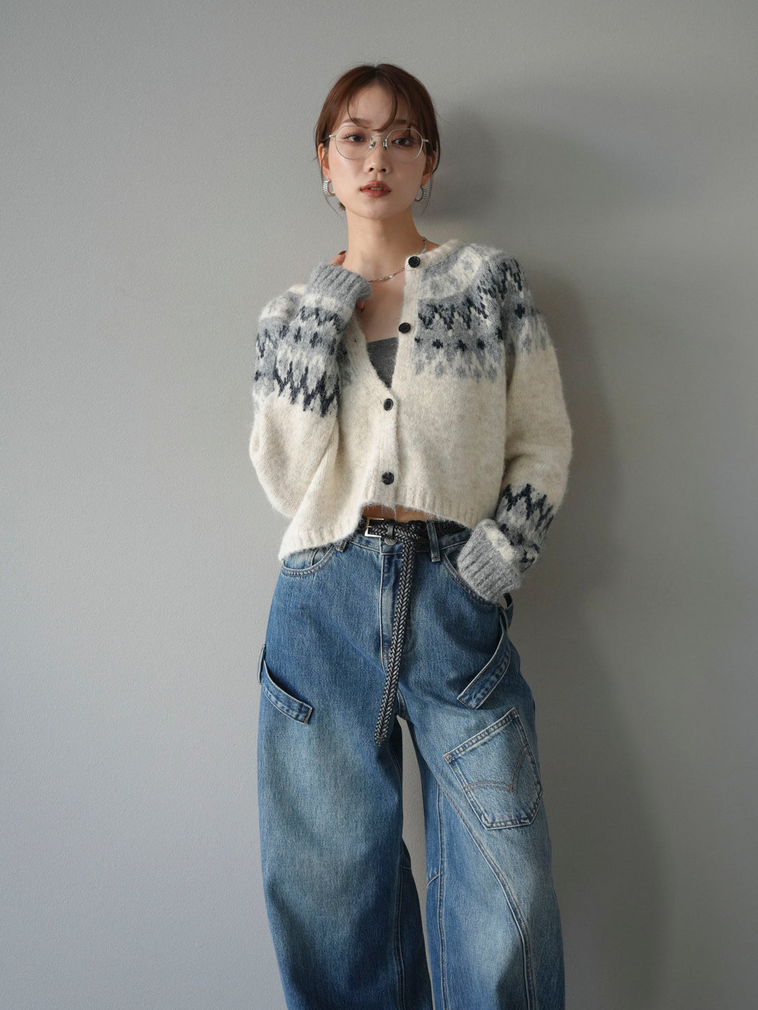 【着回しセット】[SET]求心柄クロップドニットカーディガン+ミックスヤーンペイズリー柄ニットカーディガン+ペインターカーブデニムパンツ(3set)