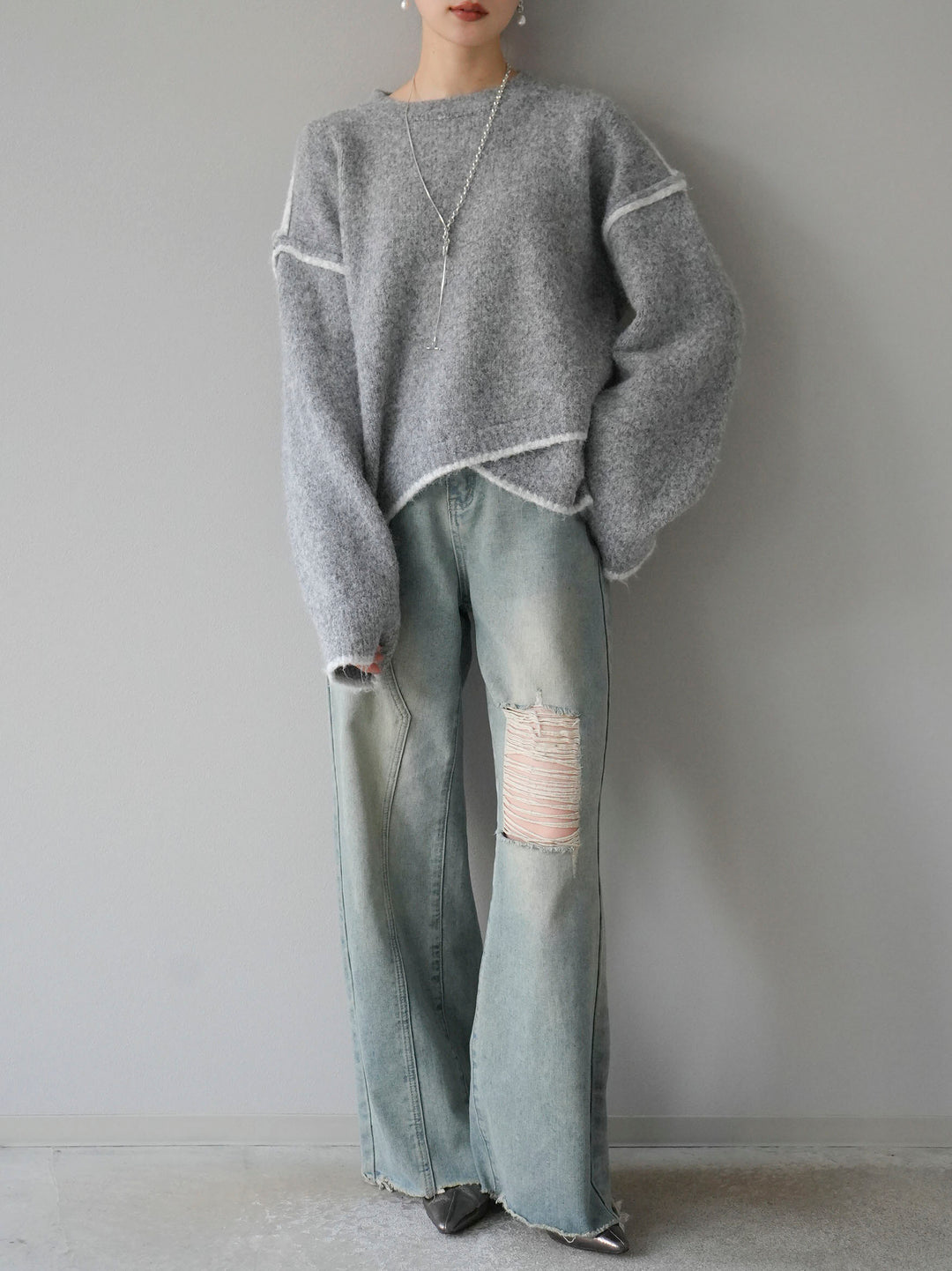 [預訂] 色彩協調針織套頭衫/灰色