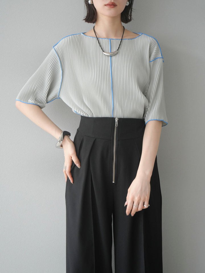 【預購】配色柔和百褶半袖上衣/灰色
