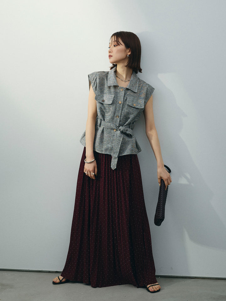 [予約]ラインストーンプリーツスカート/バーガンディー