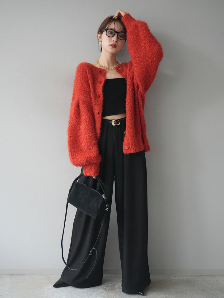 [SET]クルーネックランダムシャギーカーディガン+ベルトループデザインワイドパンツ(2set)