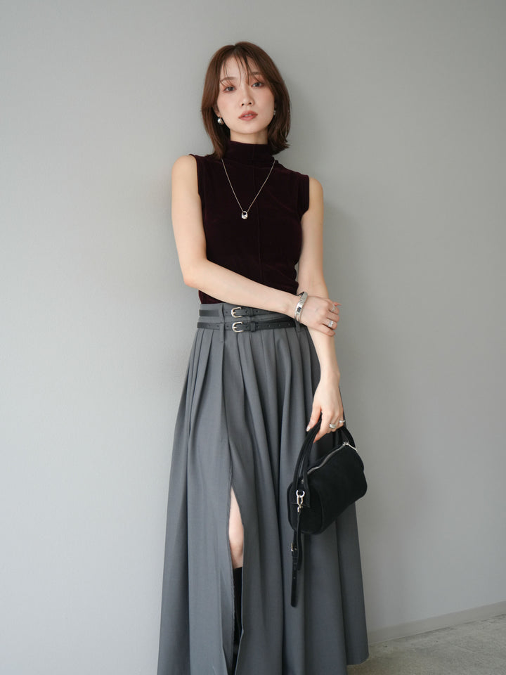 [SET]シアーベロアプチネックノースリーブトップス+エステルプリーツスリットスカート(2set)