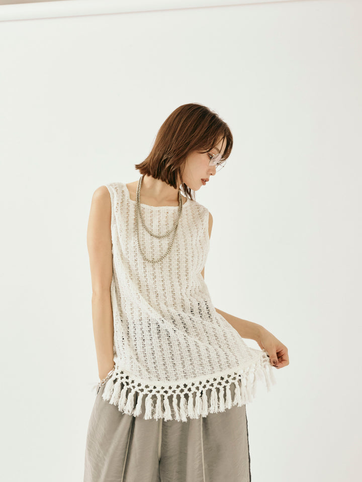 [予約]フリンジ透かし編みニットベスト/ホワイト