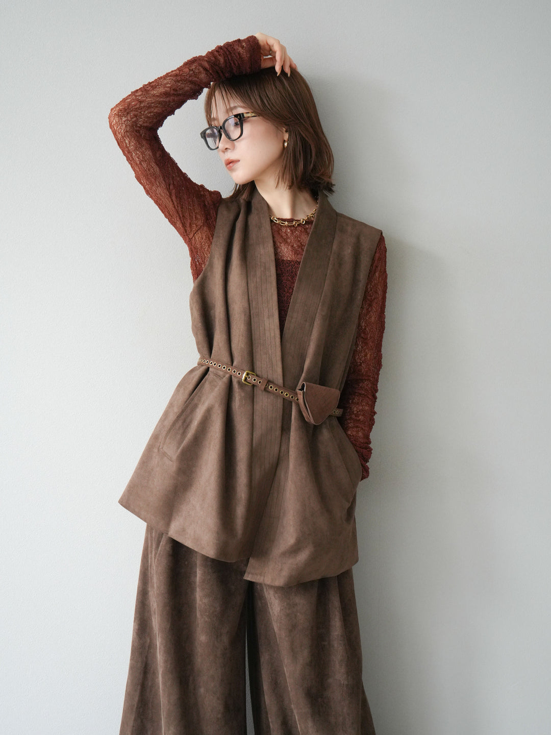 [SET]ポーチベルト付スウェードジレ×パンツSET UP(2set)