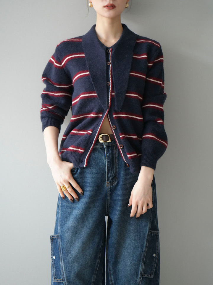 [予約]ボウタイボーダーニットカーディガン/navy