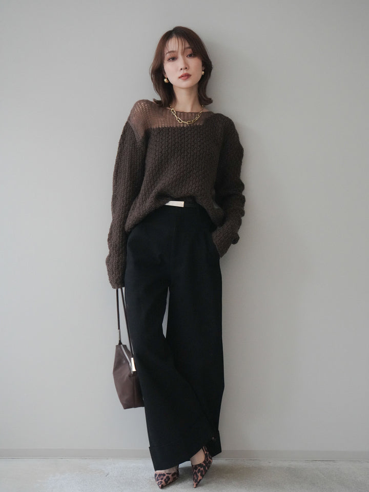 [予約]ベルト付き折り返しコットンツイルワイドパンツ/black