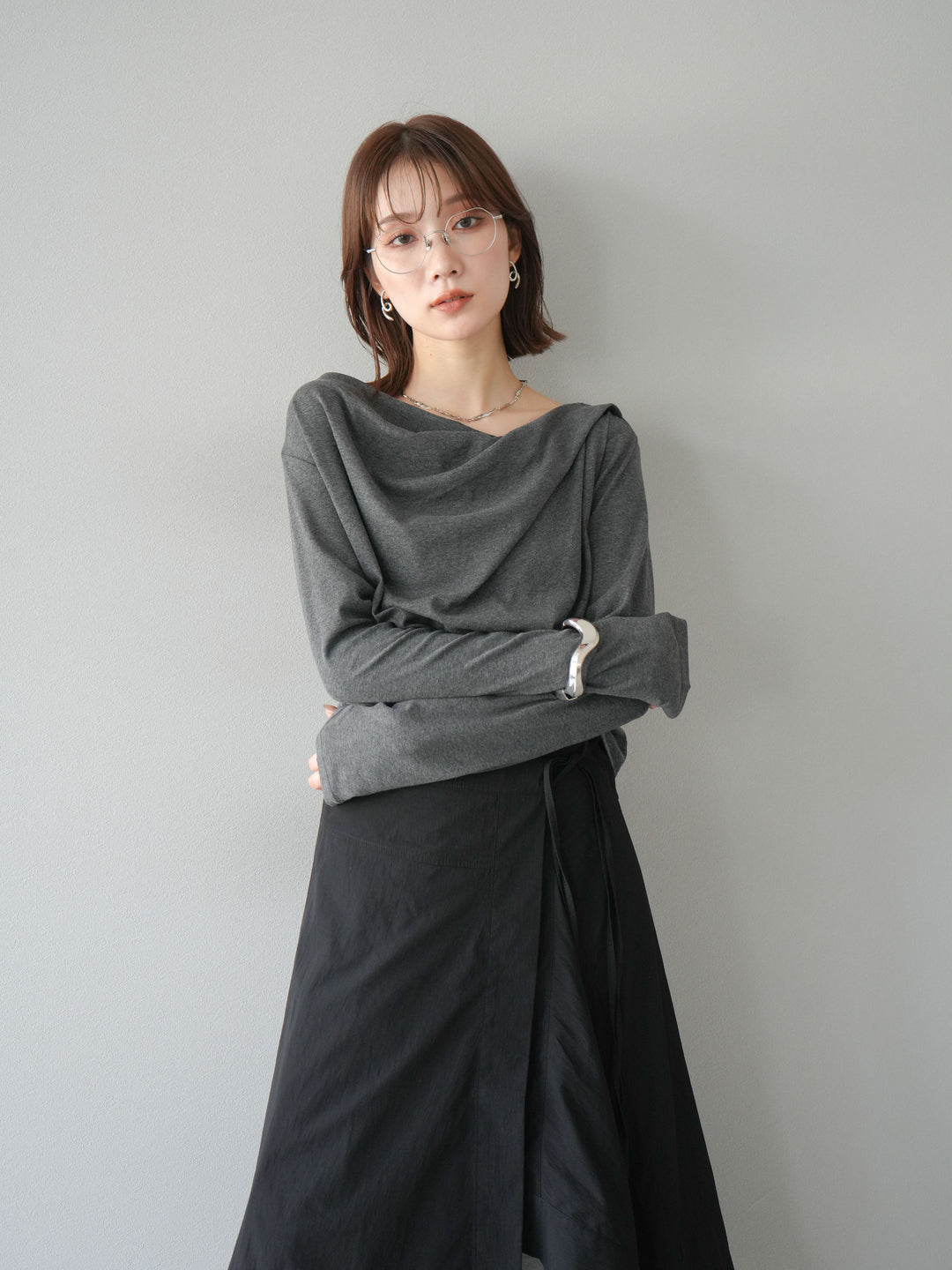 [予約]ドレープデザインカットソー/チャコール